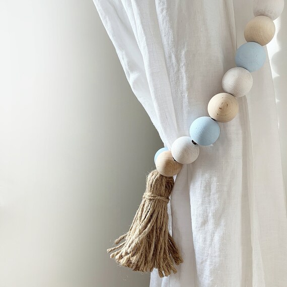 2 Nautical Dorm Curtain Tie Backs Blue White Wooden Beads Etsy