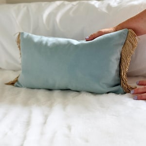 Blue velvet lumbar pillow cover, Gold bullion fringing tassels velvet pillow cover, Velvet throw pillow with fringe, Fringe cushion case