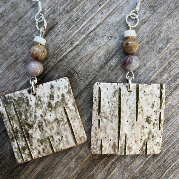 Birchbark and Natural Gem/Stone Native American Made Earrings