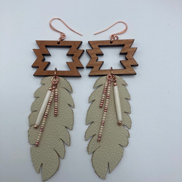 Leather and Cherry Earrings: Ojibwe Native American Made