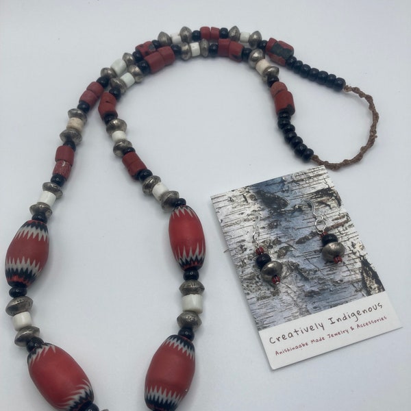 Men’s Anishinaabe Made Antique Trade Bead Necklace with Set of Earrings
