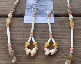 Pink Lady Anishinaabe Made Bone Necklace with Set of Earrings