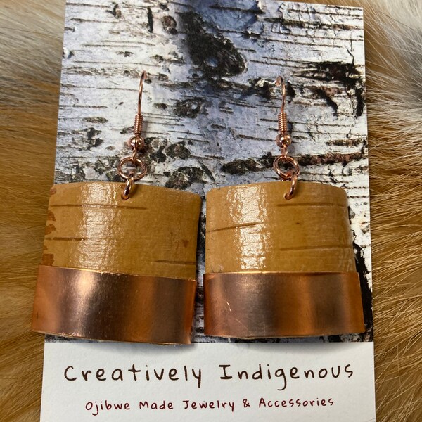 Small Hand Cut Birchbark and Copper Earrings: Native American Made