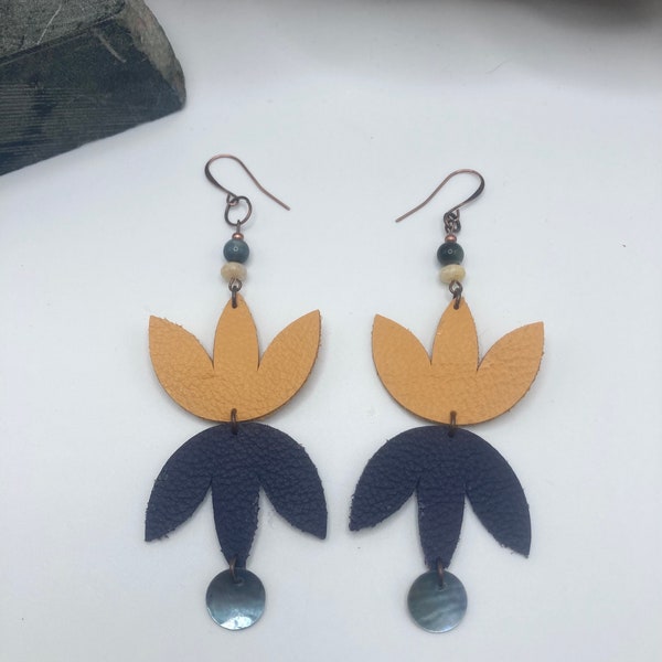 Leather Petal Earrings with Shell: Native American Made