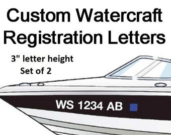 Set of 2 Watercraft Registration Numbers 3 INCH lettering Vinyl Boat Jet Ski decals. FREE SHIPPING