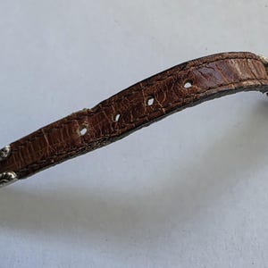 May include: A brown leather watch strap with a textured, crocodile-embossed pattern. The strap features four circular adjustment holes and is finished with silver-toned metal hardware at the tip and the attachment point to the watch case.