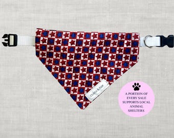 Patriotic Dog Bandana | Red White Blue Star Dog collar | Slide-On Collar Bandana | 4th of July Dog Scarf | Handmade Pet Bandana