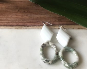 White Jade and Ocean Jasper Sculptural Earrings | Statement Earrings | Landscape Earrings | Inspired by Nature | Editorial | Gifts Under 50