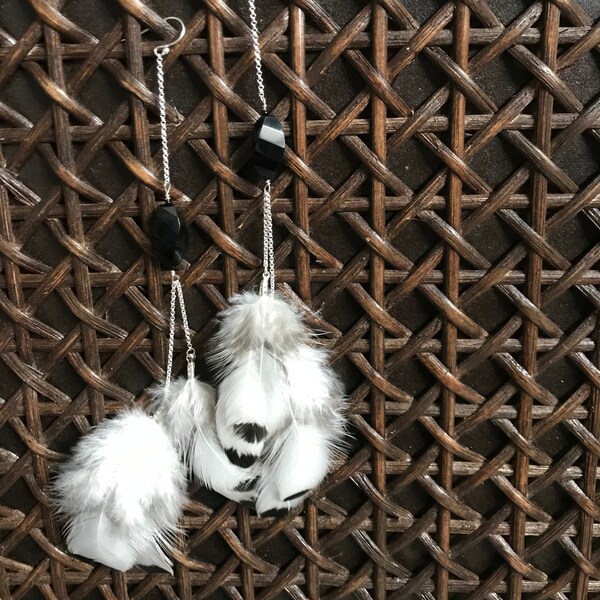 Black Agate & White and Black Feathers w/Silver Chain Collar Duster Festival Earrings