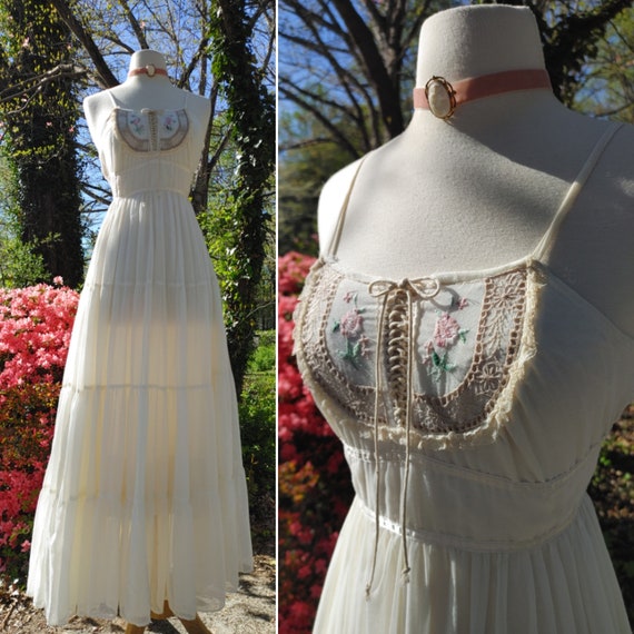 1970s Gunne Sax Rose Embroidered Sundress FLAWS W… - image 2