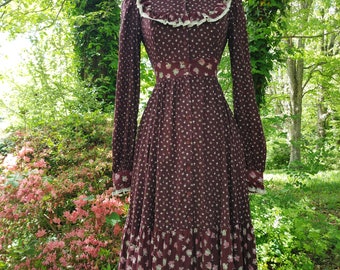 1970s Gunne Sax Rare Rose Print Prairie Midi dress metallic foil pockets cottagecore victorian western Jessica mcclintock