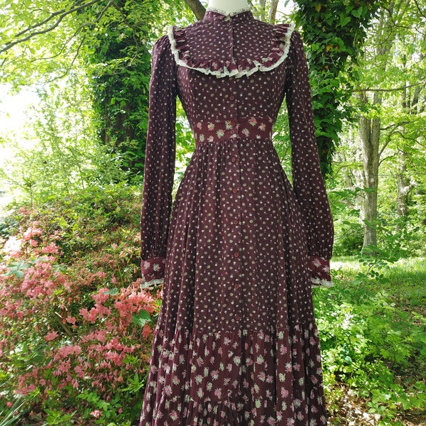 1970s Gunne Sax Rare Rose Print Prairie Midi dress metallic foil pockets cottagecore victorian western Jessica mcclintock