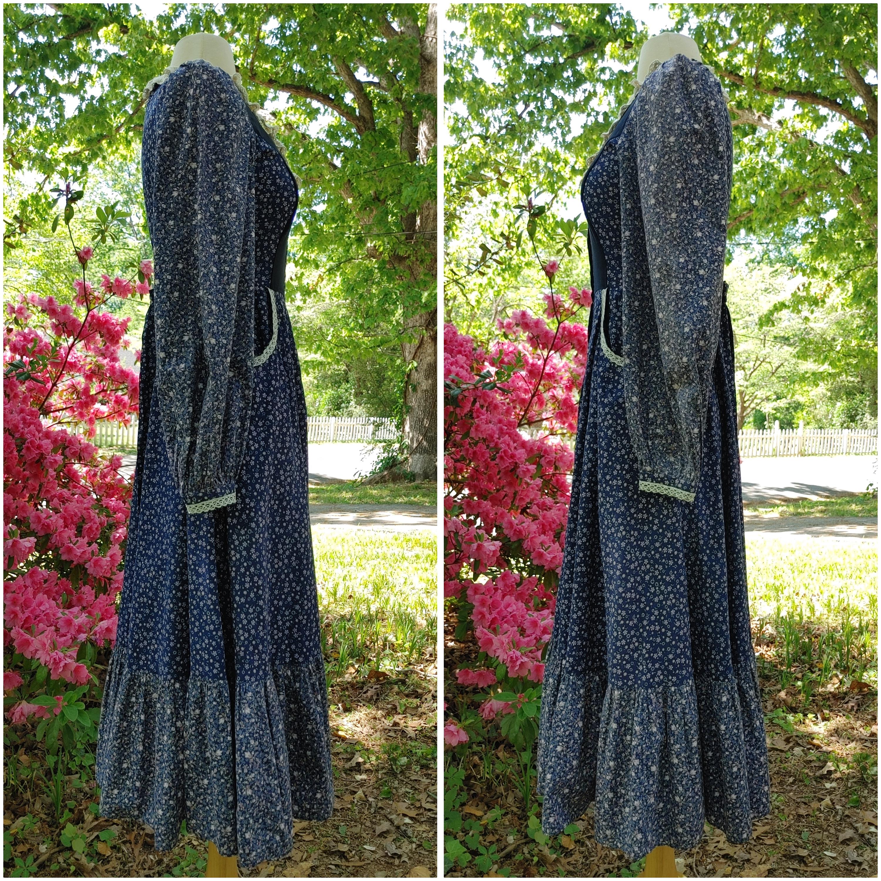 1970s Gunne Sax Blue Floral Cotton Prairie Midi Dress READ 70s Vintage ...
