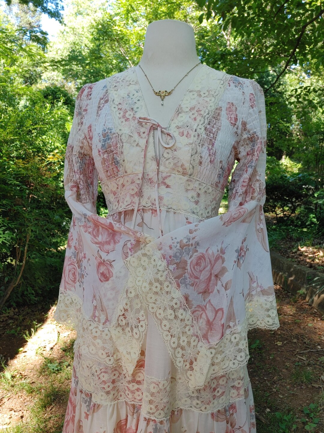 1970s Rose Floral Print Bell Angel Sleeve Prairie Maxi Dress 70s Vtg ...