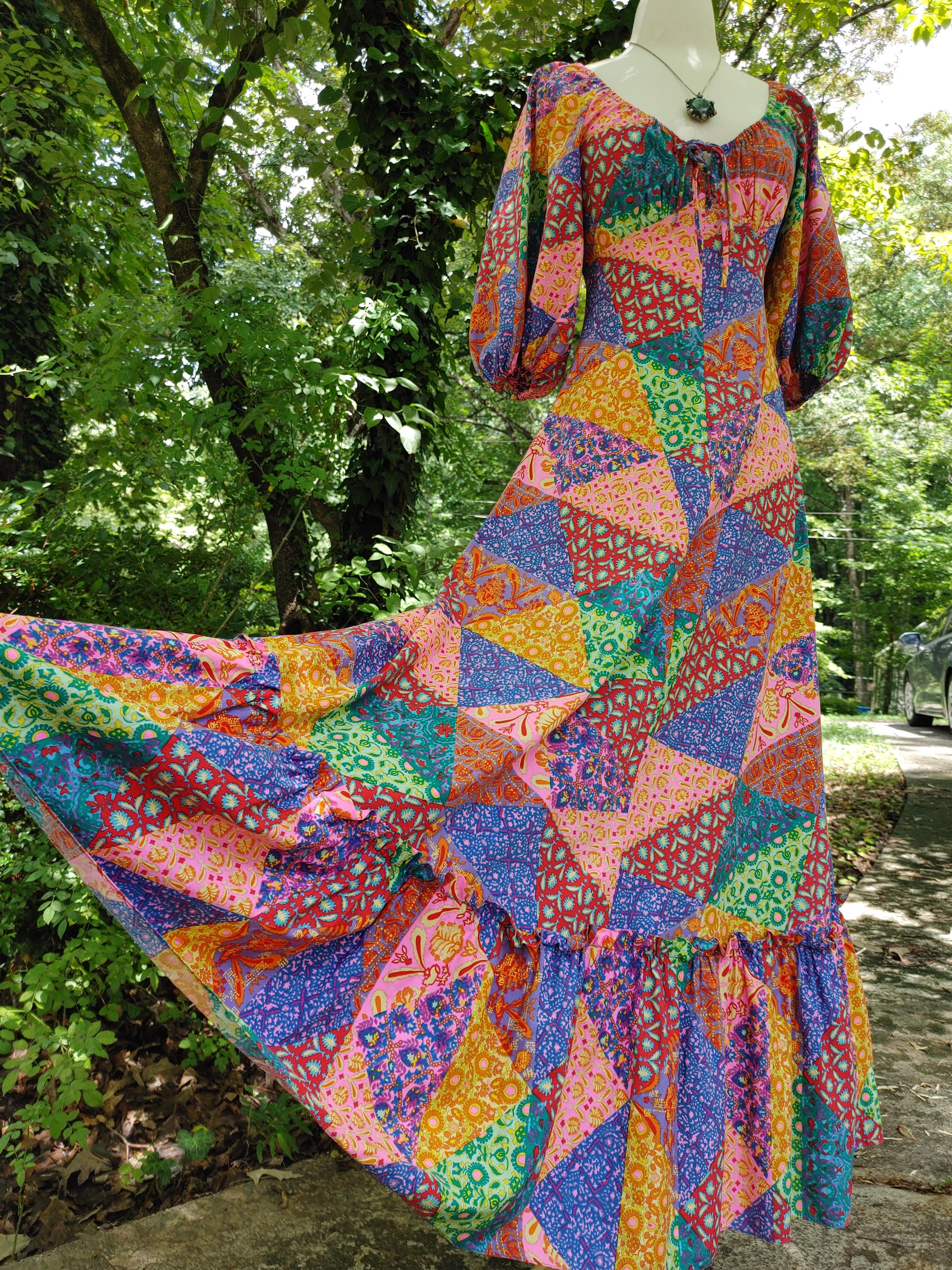 60's Vintage Models Coat Red Rainbow Calico Prairie Patchwork Purse Housecoat Mini Dress
