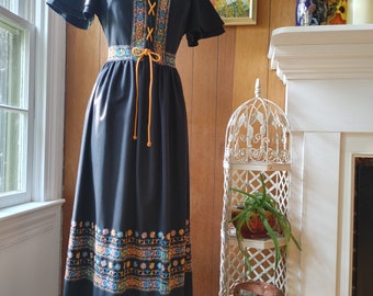 1970s Rainbow Embroidered Vicky Vaughn Folk Dress Vintage prairie gothic gunne sax STYLE