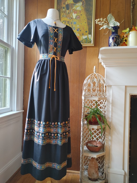 1970s Rainbow Embroidered Vicky Vaughn Folk Dress 