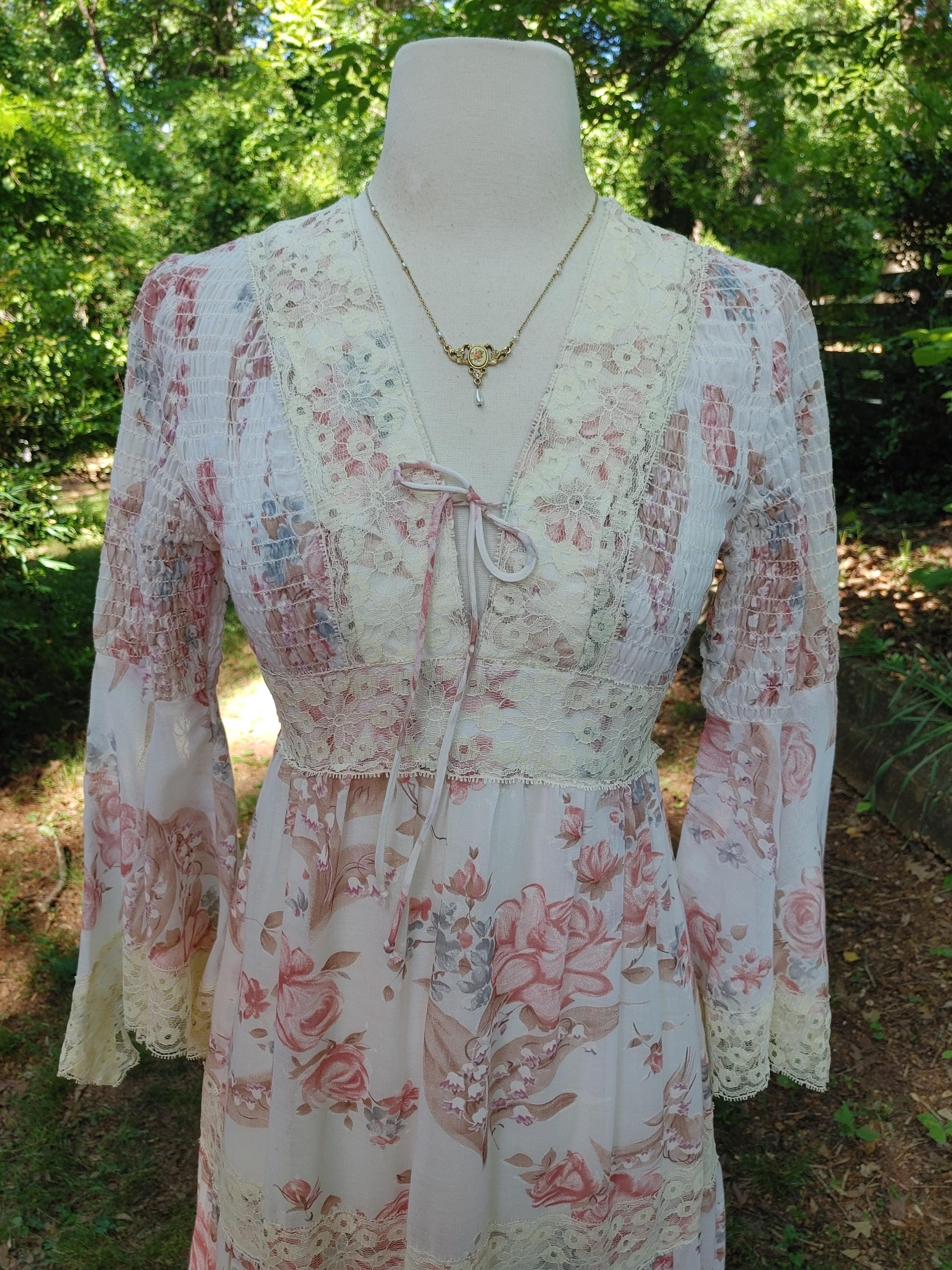 1970s Rose Floral Print Bell Angel Sleeve Prairie Maxi Dress 70s Vtg ...