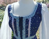 Gunne Sax Blue Rose Print Peasant Maxi dress 1970s Prairie Calico Fairytale Wedding Hippie Princess Cosplay Renaissance