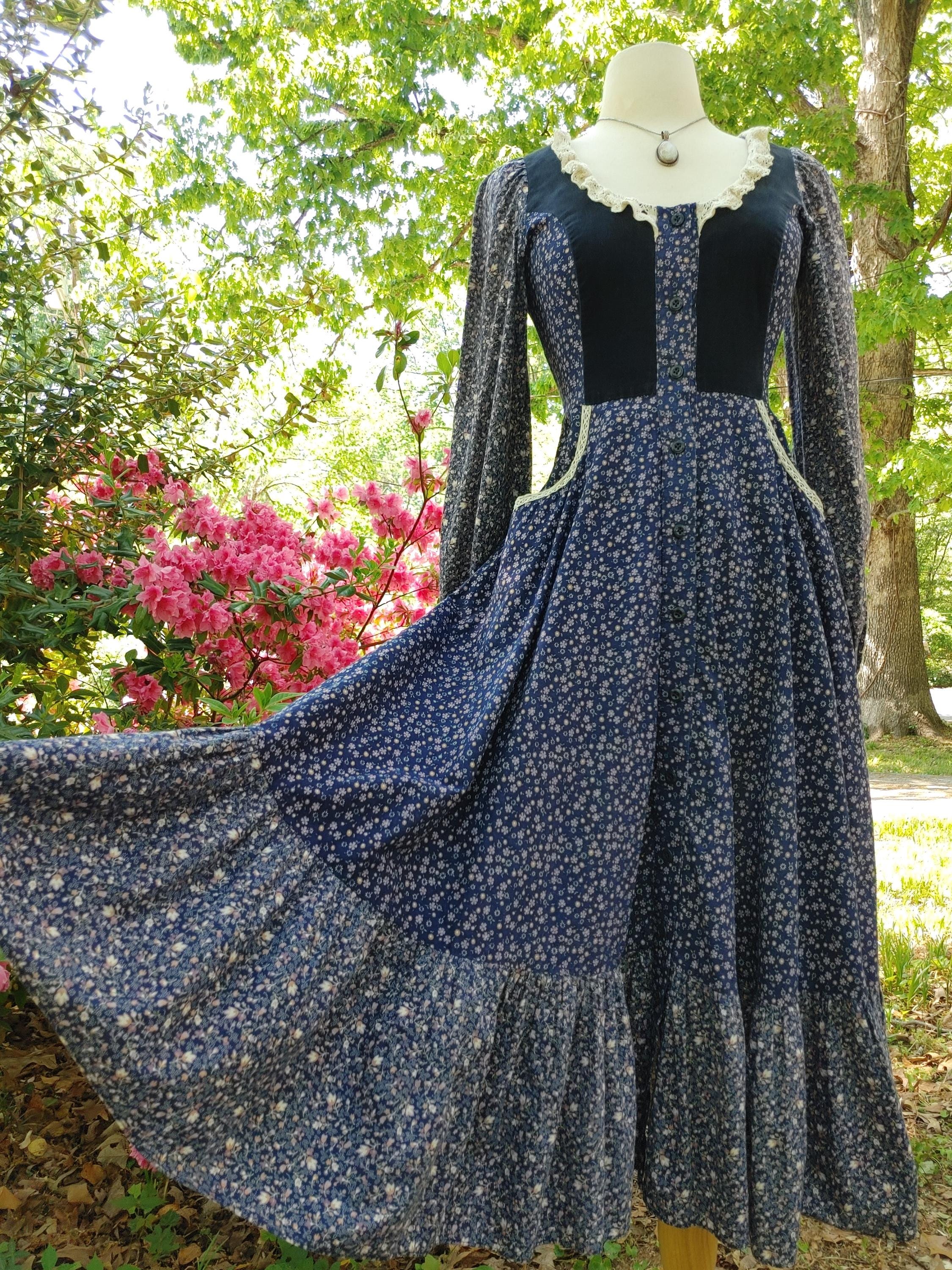 1970s Gunne Sax Blue Floral Cotton Prairie Midi Dress READ 70s Vintage ...