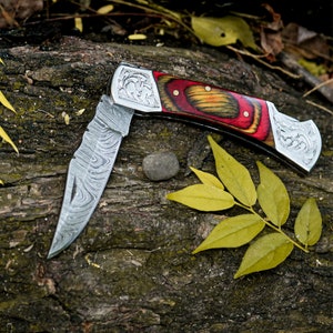 Damascus Knife Pocket Knife  Folding Knives Dyed Wood Handle Hunting  Camping knife Utility Knife  Gift for husband Wife Gift For Her.