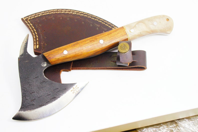 1095 High Corbon Blade Mini Axe w/ Wood & PolyPearl Resin fashion and Custom Made Sheath S-12