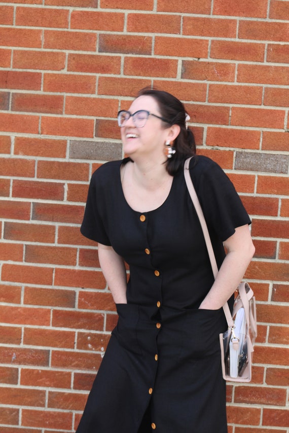1980's Black Linen Button Down Maxi Dress
