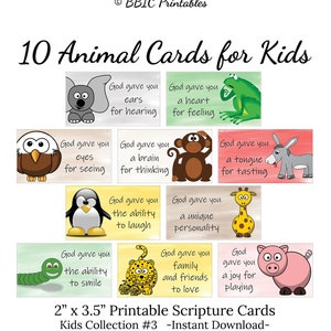 10 cartes chrétiennes d'animaux de dessins animés pour enfants - Collection pour enfants #3 - TÉLÉCHARGEMENT INSTANTANÉ, 2x3,5 cartes d'éducation pour enfants chrétiens d'art animalier