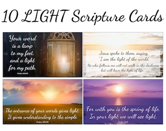 May include: A set of 10 printable scripture cards, each measuring 5.08 cm x 8.89 cm, with quotes about light. The cards display images of landscapes and a lantern. The cards are from the LIGHT Collection #1.