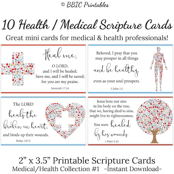 10 Medical-Health Scripture Cards -Collection #1- INSTANT DOWNLOAD, 2x3.5 Doctor Nurse EMT Medical Professional Scripture Printable Card Art