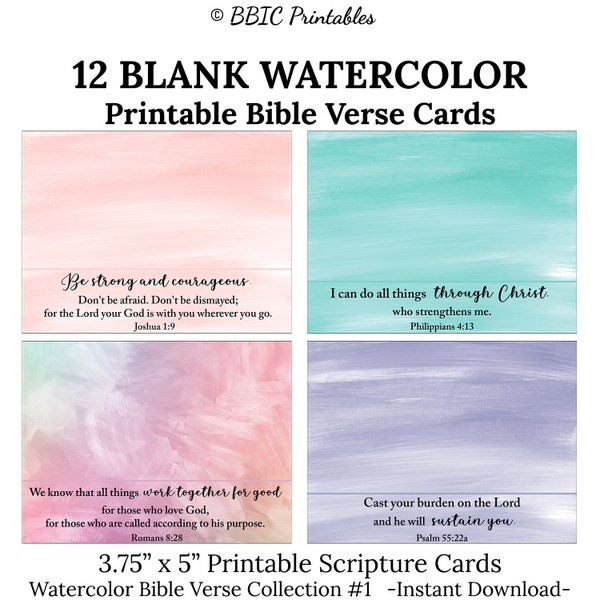 12 Blank Printable Bible Verse Cards -C1- INSTANT DOWNLOAD, 3.75x5 Watercolor Blank Prayer Encouragement Note Name Card Scripture Card Print