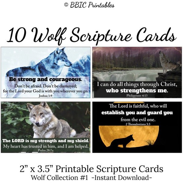 10 Wolf Printable Scripture Cards -C#1- INSTANT DOWNLOAD, Wolf Wolves Howling Strength Bible Verses Print Set of 10 Printable Mini Card Art