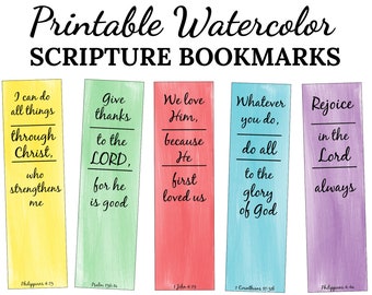 10 Watercolor Bookmarks Printable Scripture -C2- INSTANT DOWNLOAD, 2x7 Set of 10 Bible Verses Christian Watercolor Scripture Bible Bookmarks