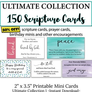 Pode incluir: Um download digital de 150 cartões de Escritura imprimíveis, medindo 5,1 cm por 8,9 cm. Os cartões apresentam várias citações e versículos inspiradores da Bíblia, incluindo "amado por Deus", "paz", "fique quieto" e "grande coragem".