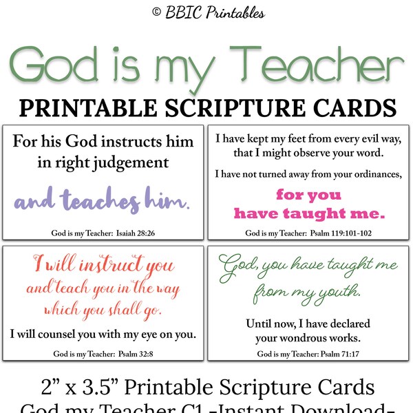 10 God is My Teacher Printable Scripture Cards -C1- INSTANT DOWNLOAD, God Instructs and Teaches Me Bible Verses Who God Is to Me DIY Minis