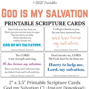Könnte beinhalten: Vier druckbare Schriftkarten mit inspirierenden Zitaten darüber, dass Gott die Rettung ist. Jede Karte zeigt einen anderen Bibelvers und einen bunten Hintergrund. Die Karten sind 2 Zoll mal 3,5 Zoll groß.