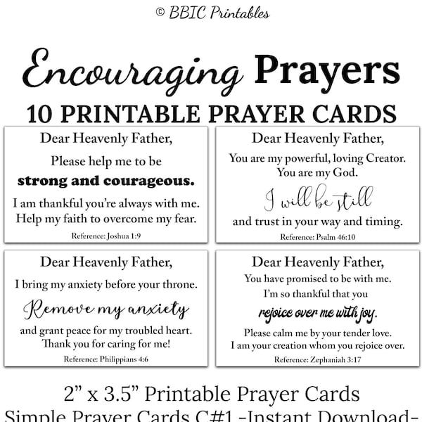 10 Encouraging Unisex Printable Prayer Cards -C1- INSTANT DOWNLOAD, Simple Prayers Printable Diy Set of 10 Courage Strength Hope Mini Cards