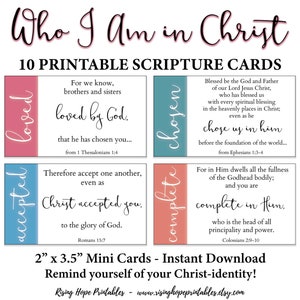 Schriftkaarten Wie ik ben in Christus - C1- INSTANT DOWNLOAD, Bijbelteksten identiteit kind van God - bemoedigende afdrukbare identiteitskaarten Christus