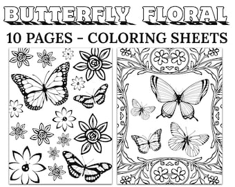 Butterfly Floral Coloring Sheets- INSTANT DOWNLOAD, 8.5x11 Dibujos para colorear para adultos y niños Mariposa imprimible Flores florales Mariquita JPG