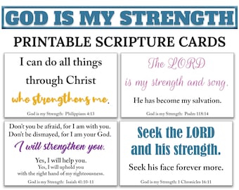 10 tarjetas imprimibles con las Sagradas Escrituras: Dios es mi fortaleza -C1- DESCARGA INSTANTÁNEA, minijuego de tarjetas para imprimir con versículos bíblicos de aliento con Dios me fortalece