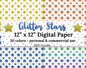 Glitter Stars Digital Paper- INSTANT DOWNLOAD, 12x12 Glittery Stars Universe Outerspace Printable Scrapbook Paper 30 Colors Commercial Use