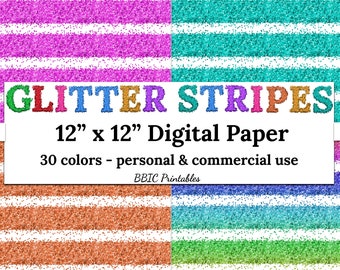 Glitter Stripes Digital Paper- INSTANT DOWNLOAD, Large Glitter Stripes 30 Colors 12x12 JPG Glitter Scrapbook Printable Commercial Use Paper