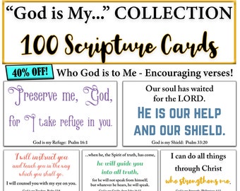 100 Tarjetas de las Escrituras Quién es Dios para mí- DESCARGAR- 2x3.5- 40% DE DESCUENTO Tarjeta de las Escrituras Cristianas Versículo Bíblico Escudo Fuerza Refugio Salvación JPG pdf