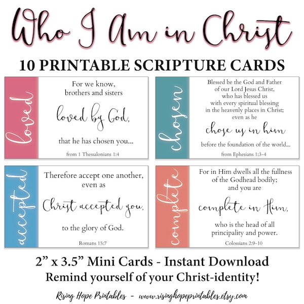 Cartes bibliques « Qui je suis en Christ » - C1 - TÉLÉCHARGEMENT IMMÉDIAT, versets bibliques sur l'identité de l'enfant de Dieu - Cartes imprimables encourageant l'identité du Christ