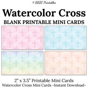 20 Minicartões em branco com cruz em aquarela - DOWNLOAD DIGITAL, Cruz em aquarela multicolorida para impressão em branco Notas cristãs Minicartões digitais pequenos