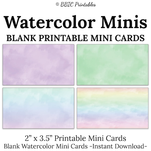 20 Blank Watercolor Mini Cards- DIGITAL DOWNLOAD, Printable Multicolor Fill in the Blank Reminder Appointment Love Notes Digital Mini Cards