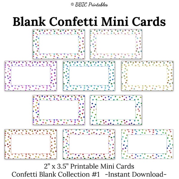 Blank Confetti Mini Cards- INSTANT DOWNLOAD, Confetti Blank Name Tags Blank Messages Printable Digital 2x3.5 Business Card Size Prints