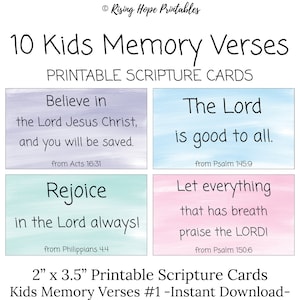 10 Kids Memory Verses -C1- INSTANT DOWNLOAD, Kids Children's Memory Verses - Easy Bible Verses to Memorize - Kids Watercolor Scripture Cards