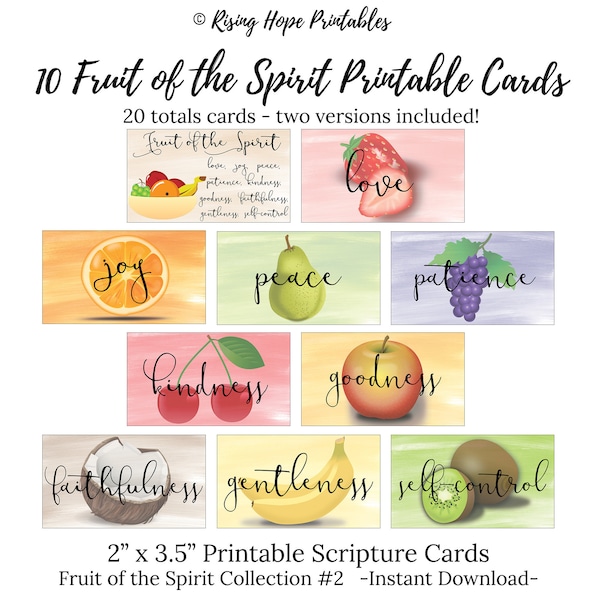 10 Fruit of the Spirit Printable Mini  Scripture Cards -Galatians 5:22-23- Collection #2- INSTANT DOWNLOAD, 2x3.5 Set of 10 Bible Verse Card