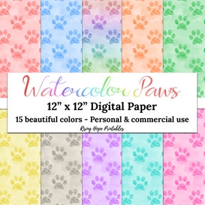 Papier à empreintes de pattes aquarelle - TÉLÉCHARGEMENT IMMÉDIAT, 12 x 12, 15 couleurs, aquarelle, animal, chat, chien, motif d'empreinte de patte, papier imprimable JPG, usage commercial